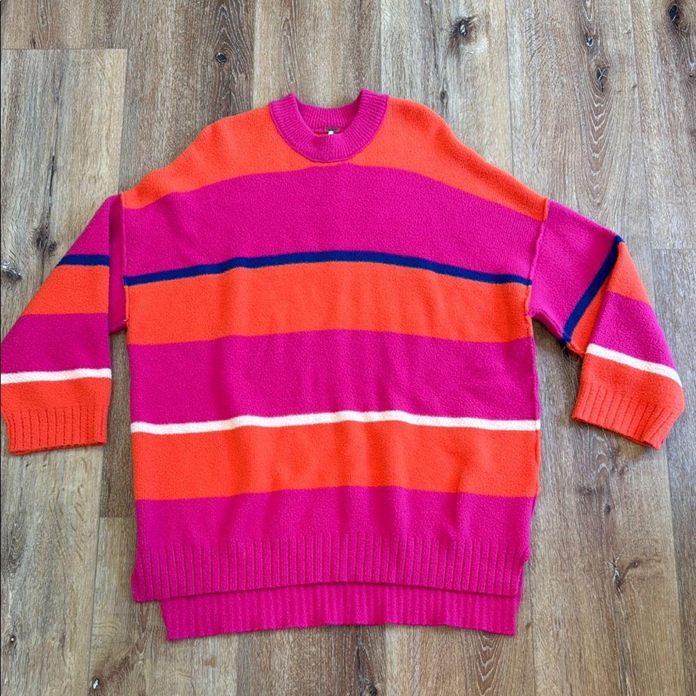 Free People Pink and Orange Crewneck Sweater with Bold Stripes